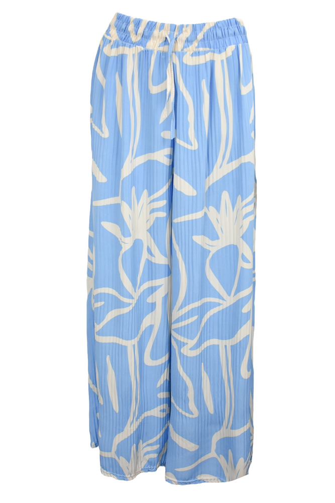 Blue & White Abstract Pleated Wide Leg Trousers