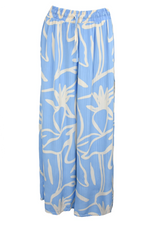 Blue & White Abstract Pleated Wide Leg Trousers