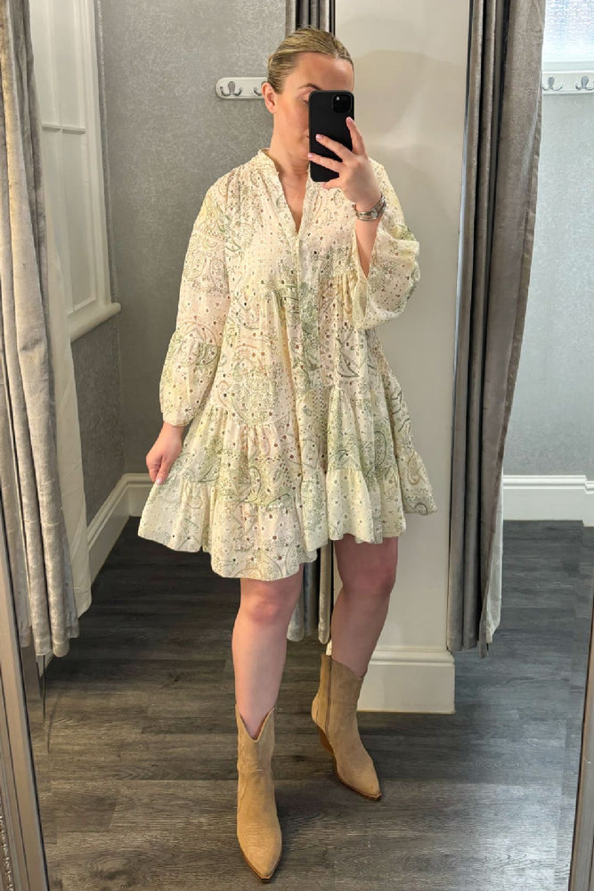 Cream & Green Broderie Anglaise Paisley Smock Dress