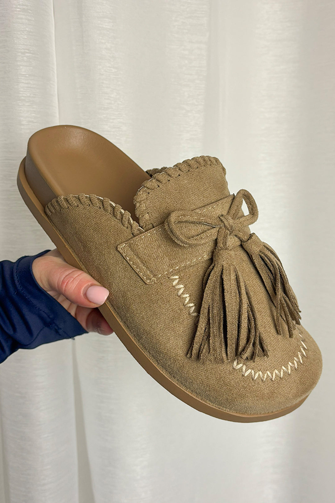 Taupe Faux Suede Tassel Tie Mules