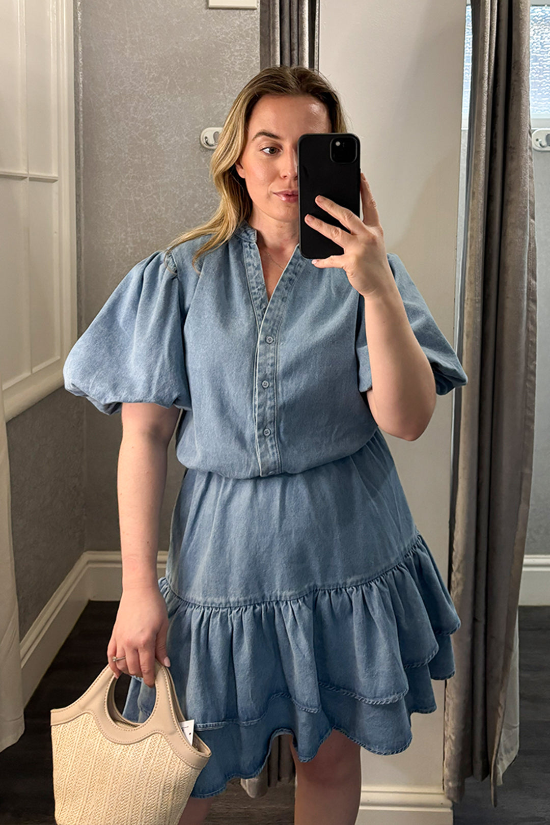 Light Denim Tiered Hem Dress