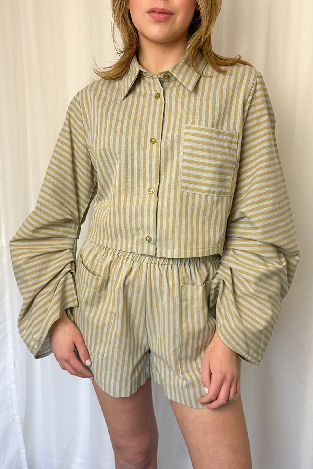 Beige & Grey Striped Cropped Shirt & Shorts Co-ord