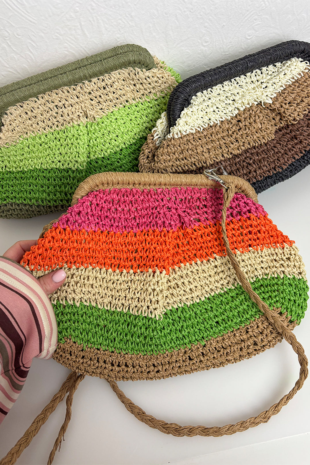 Black Striped Woven Straw Clutch Bag