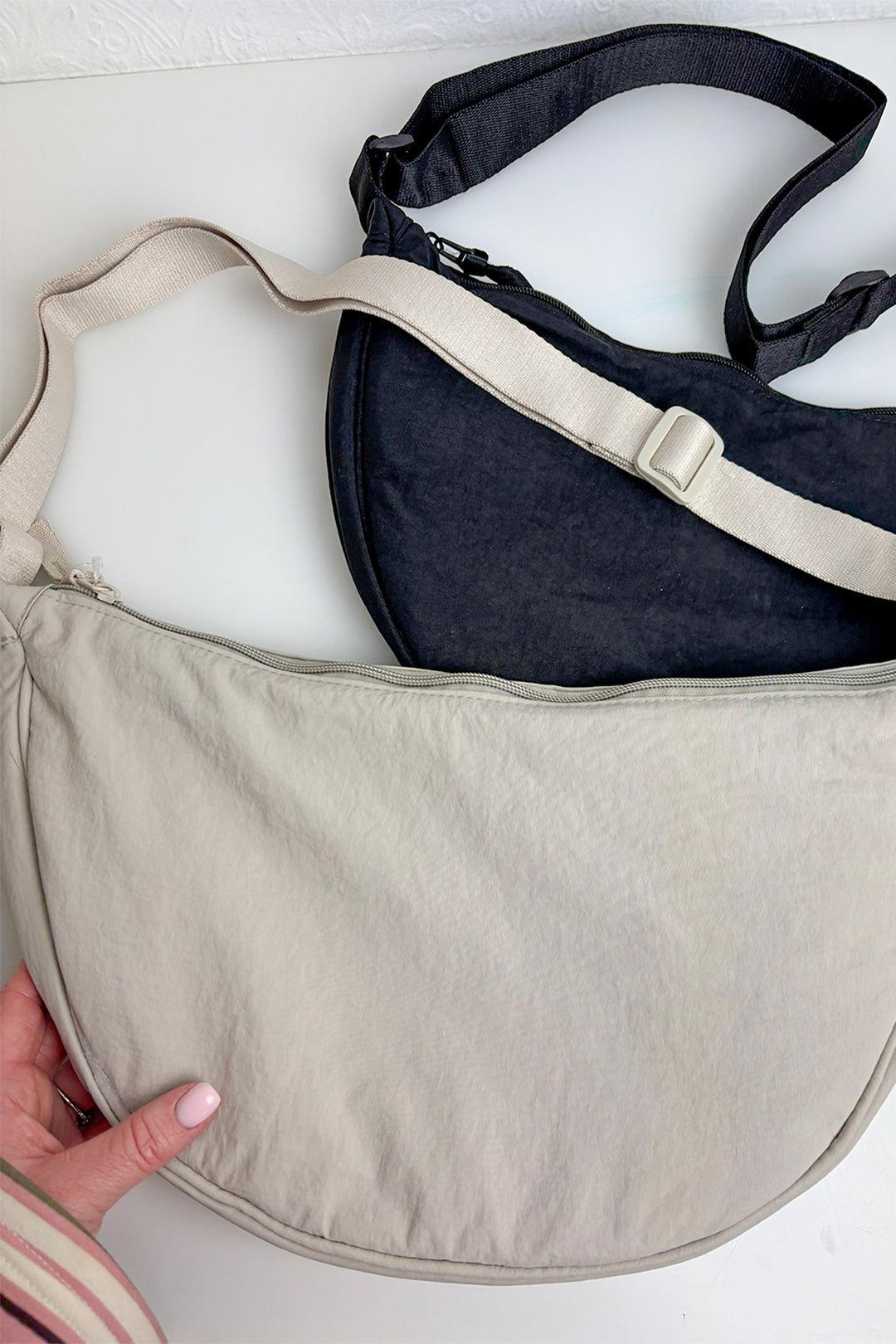 Beige Large Half Moon Cross Body Bag
