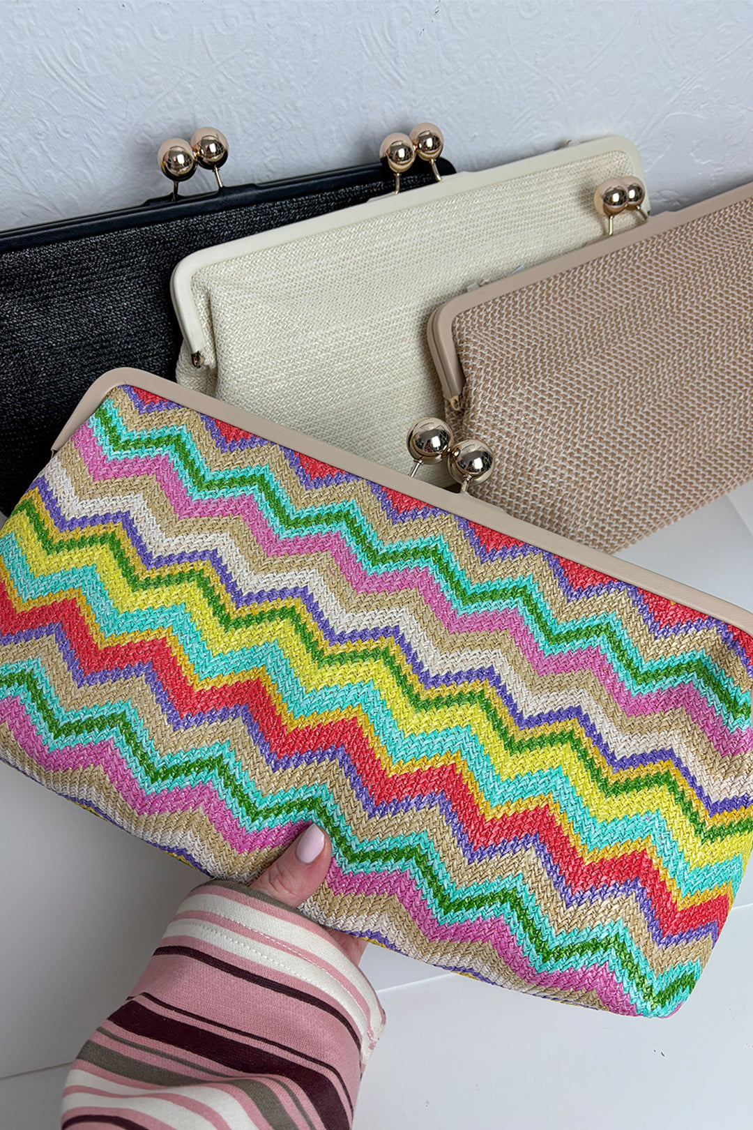Black Woven Straw Gold Ball Clasp Clutch Bag