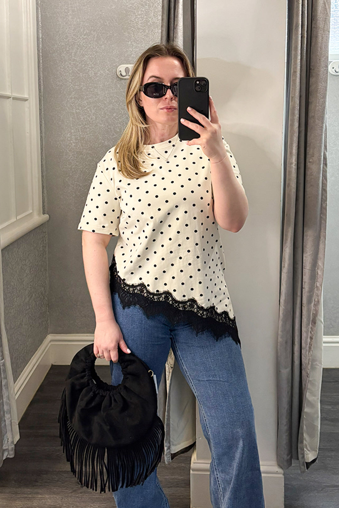 Cream & Black Polka Dot Lace Asymmetric Hem Top