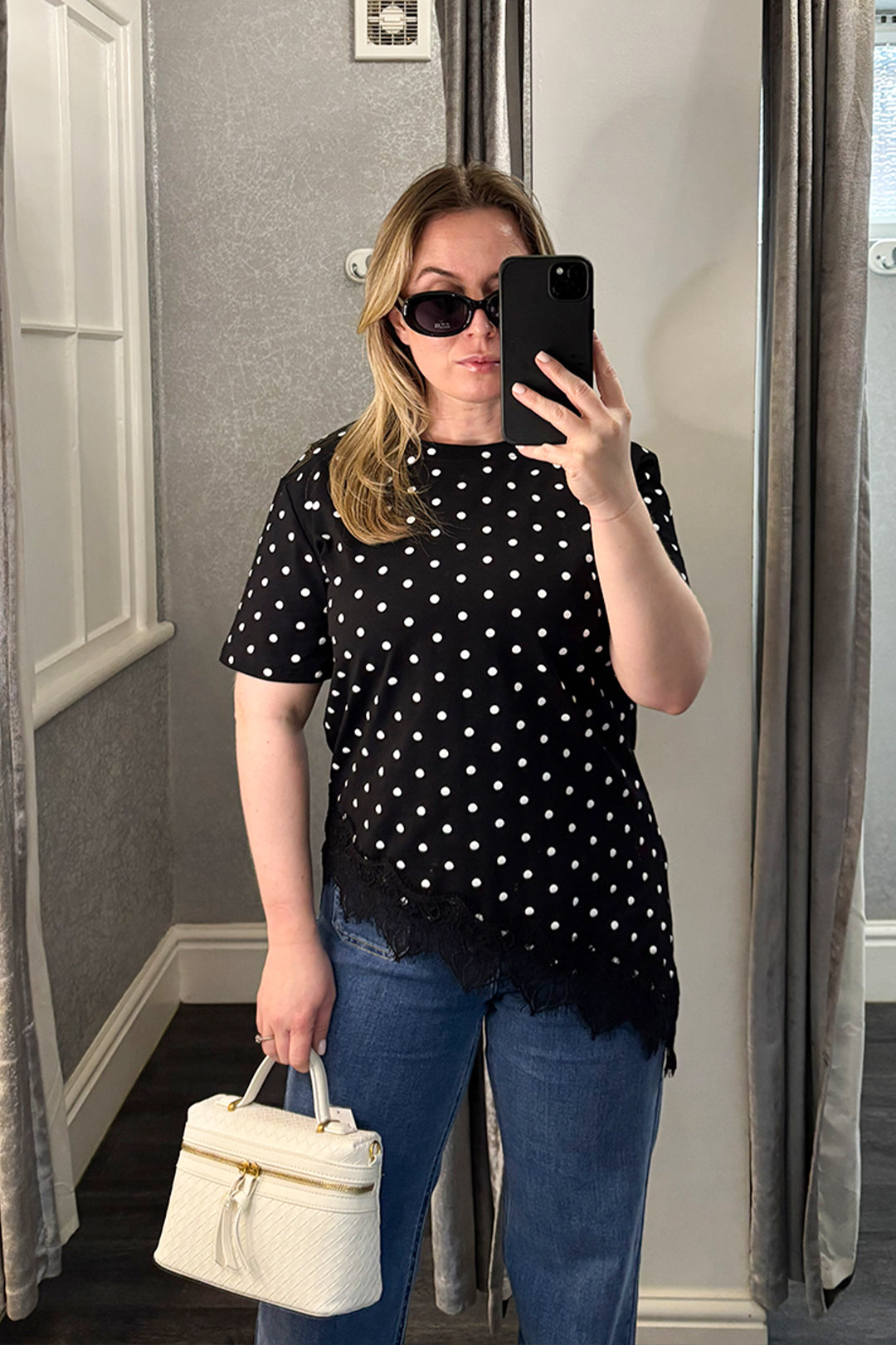 Black & White Polka Dot Lace Asymmetric Hem Top