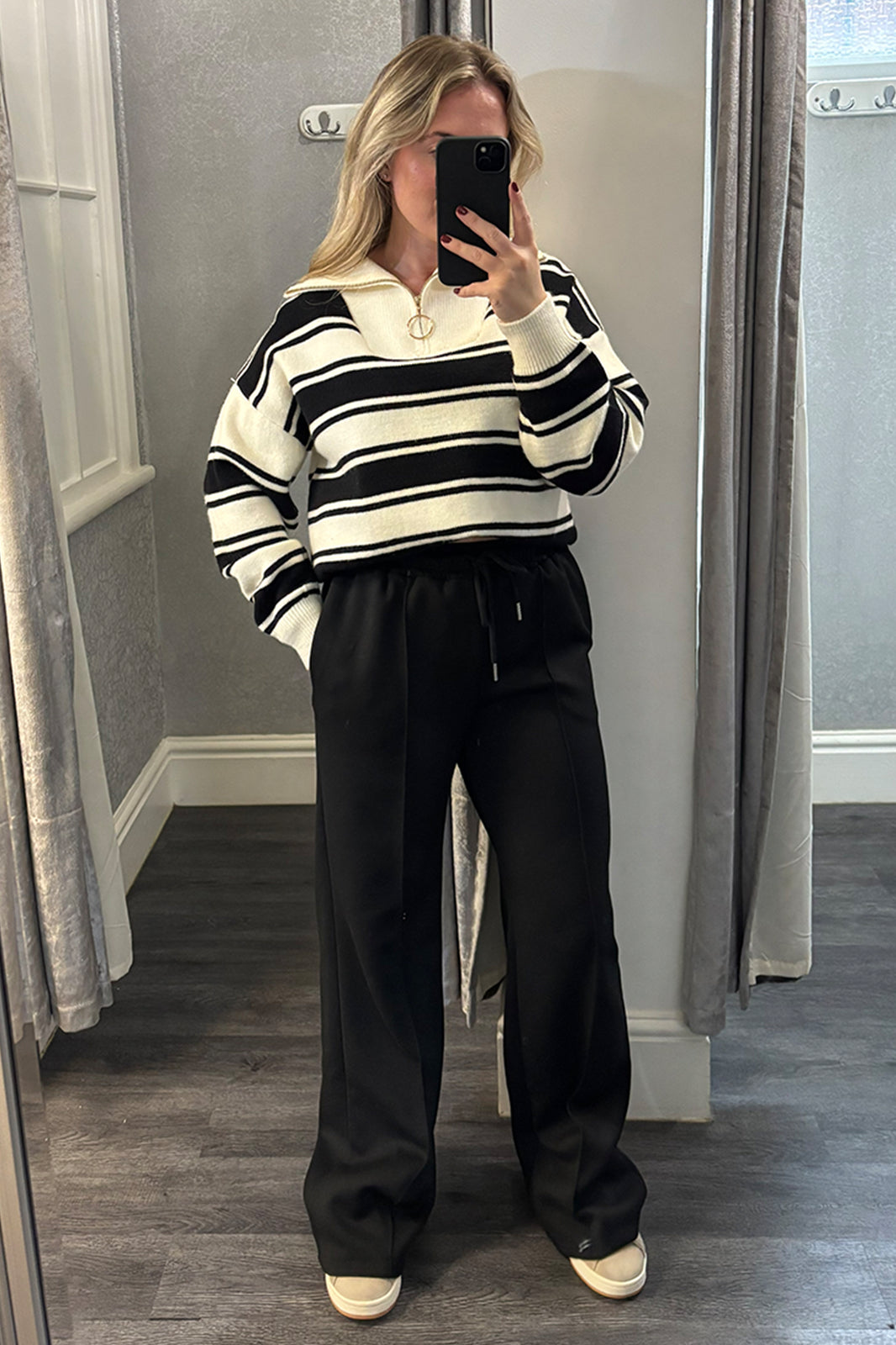 Black & Cream Double Stripe Quarter Zip Jumper