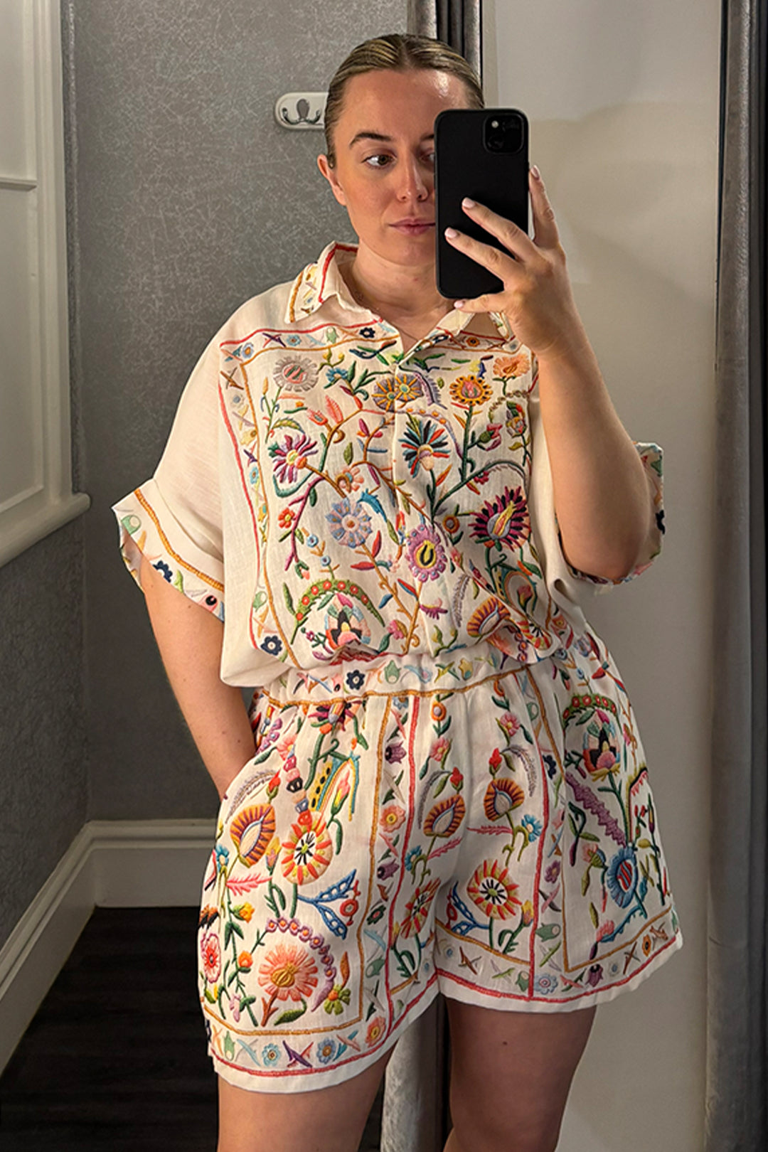 Beige Floral Print Short Sleeve Shirt & Shorts Co-ord