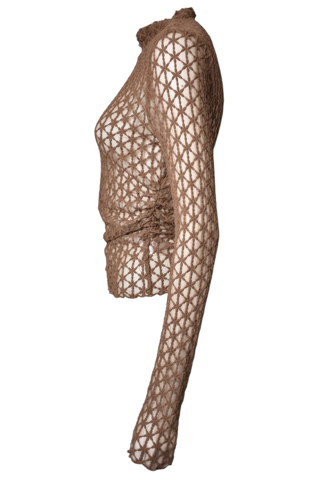 Camel Floral Mesh Ruched Side Top