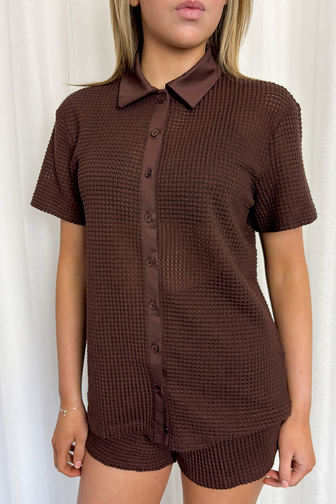 Brown Knitted Shirt & Shorts Co-ord