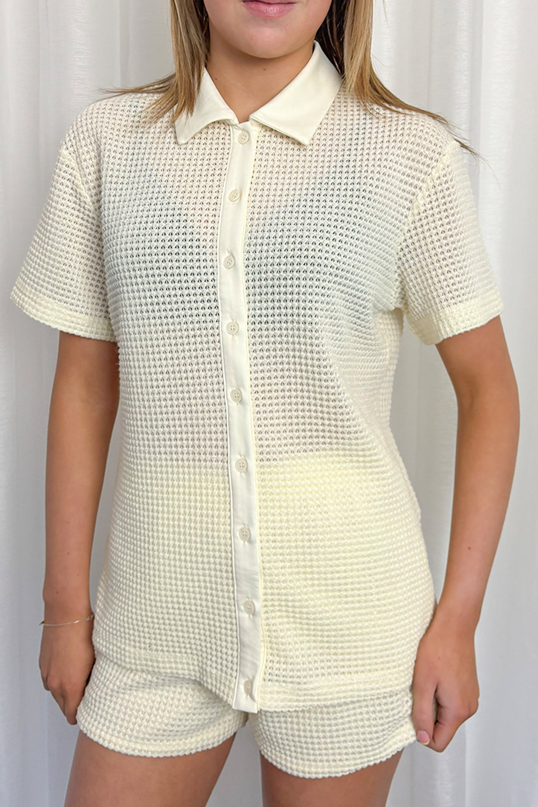 Cream Knitted Shirt & Shorts Co-ord