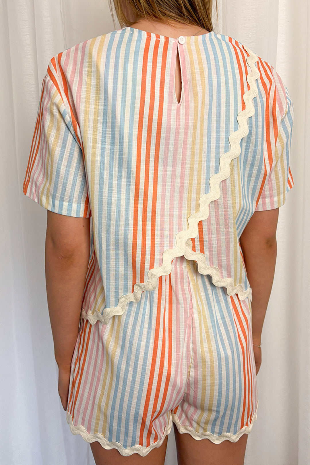 Pastel Striped Scalloped Crossover Back Shorts Co-ord