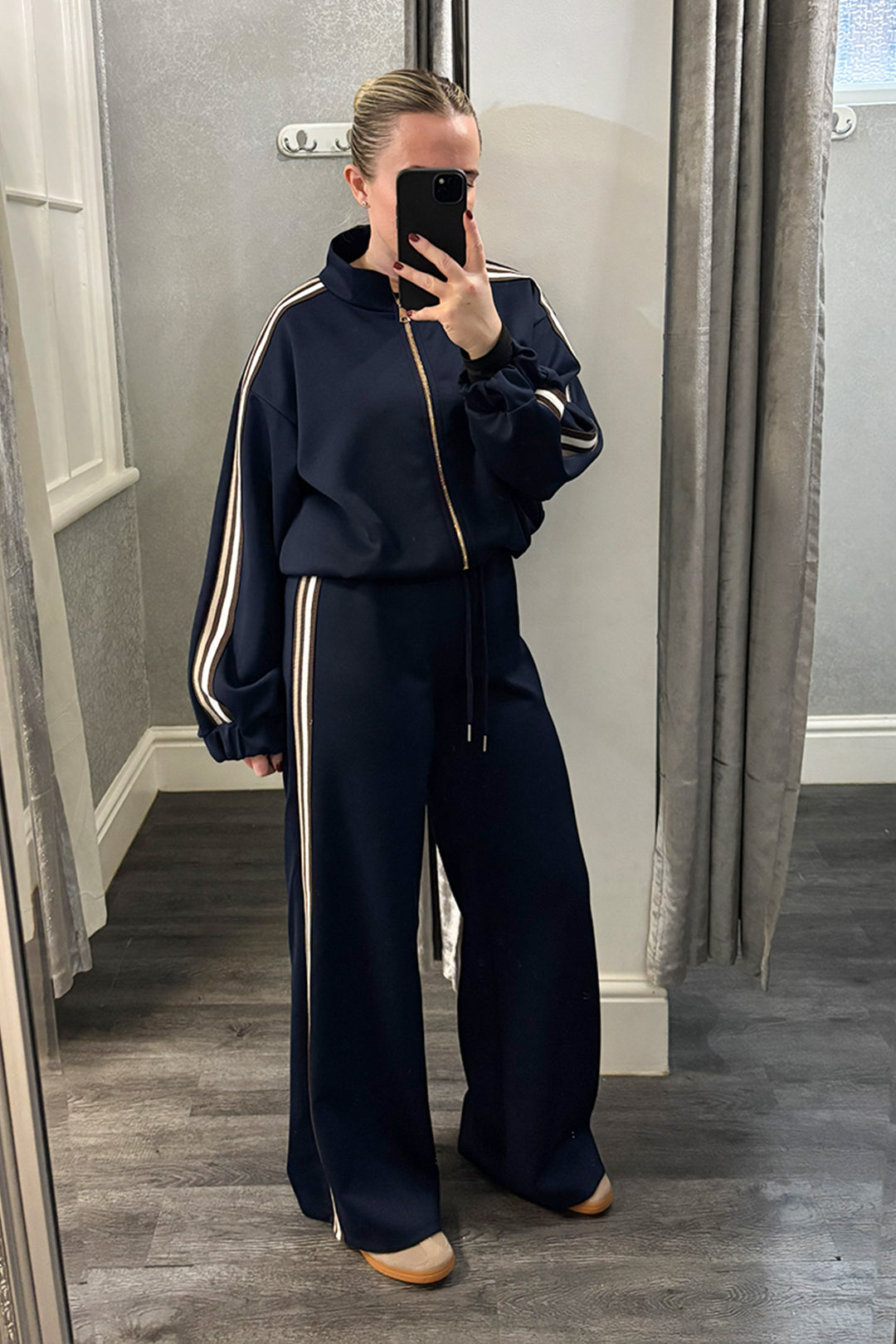 Navy & Brown Striped Zip Up Loungesuit