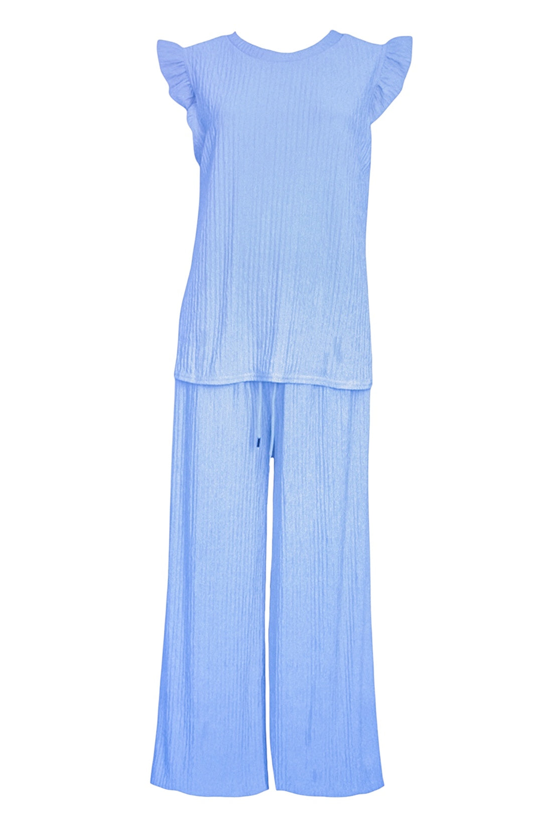 Blue Crinkle Frill Sleeve Top & Trousers Co-ord