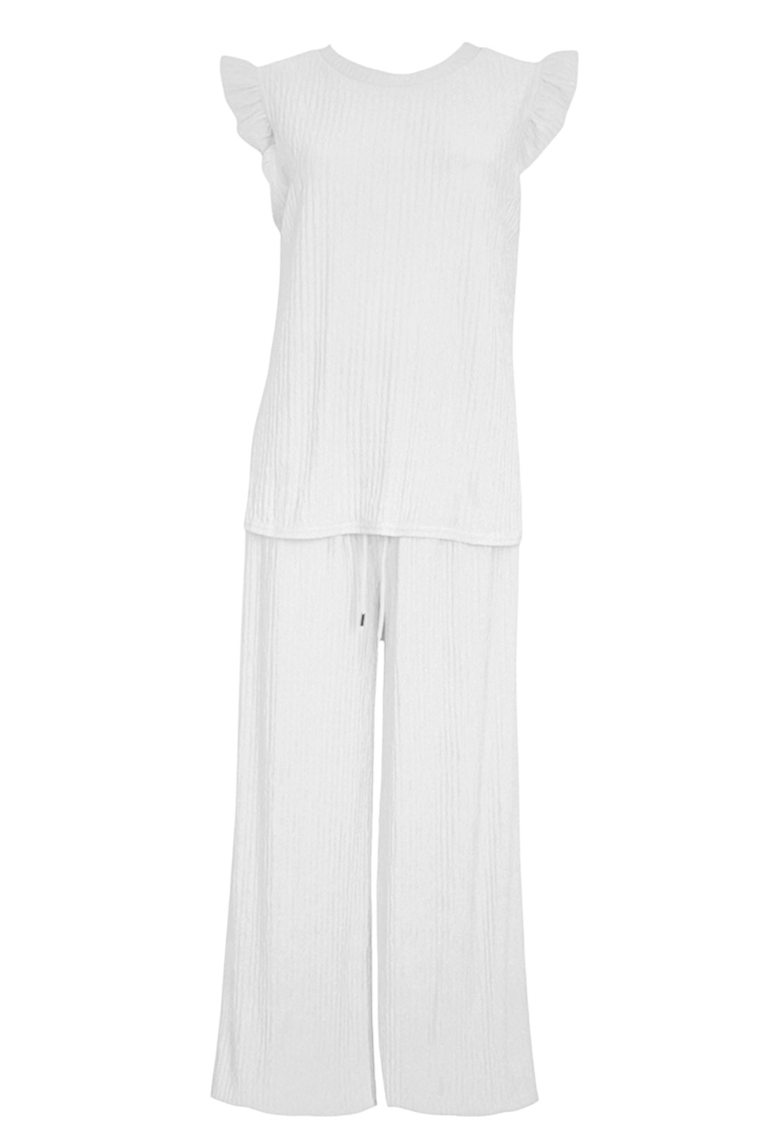 White Crinkle Frill Sleeve Top & Trousers Co-ord