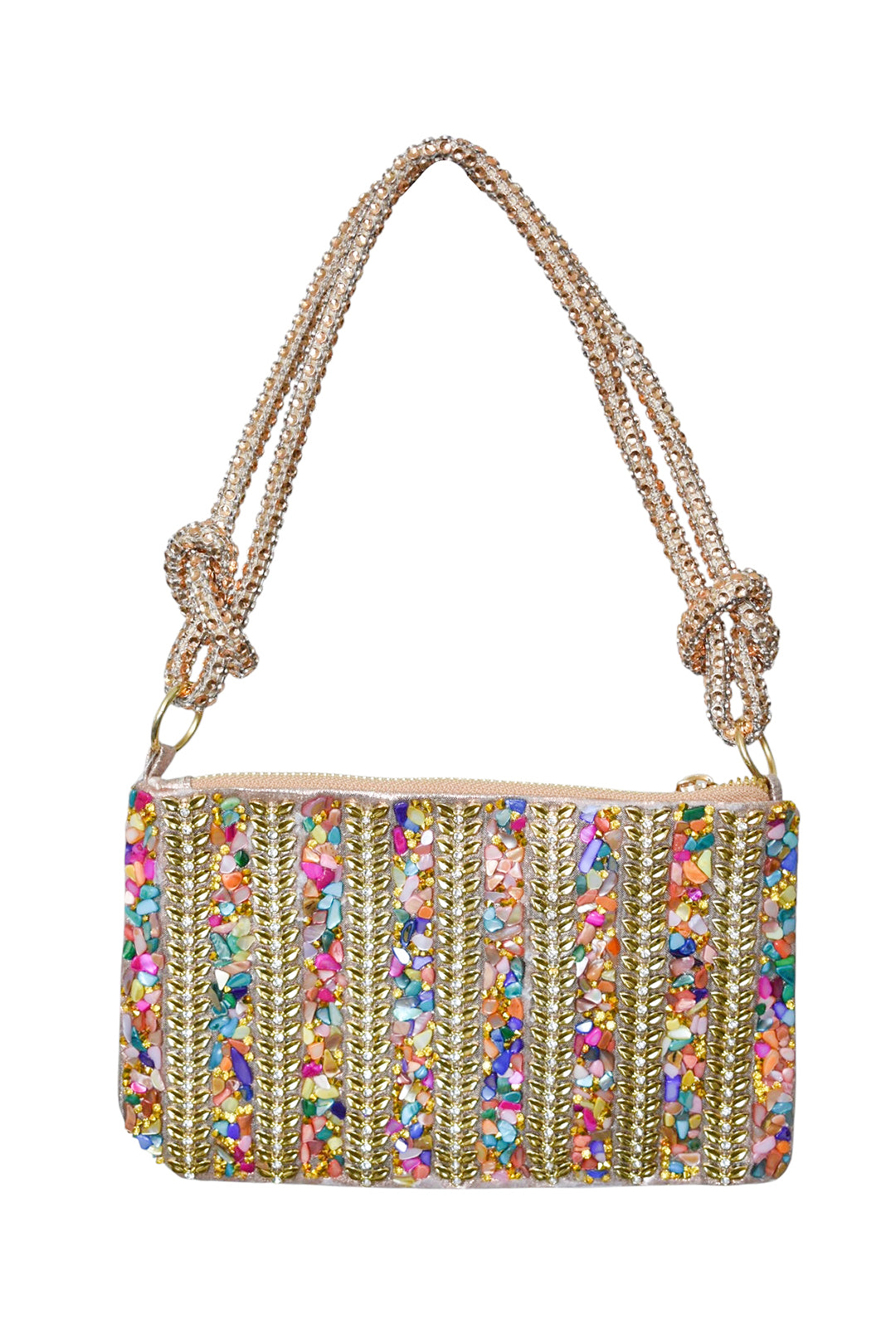 Gold Multi Leaf Crystal & Diamante Knot Handle Bag
