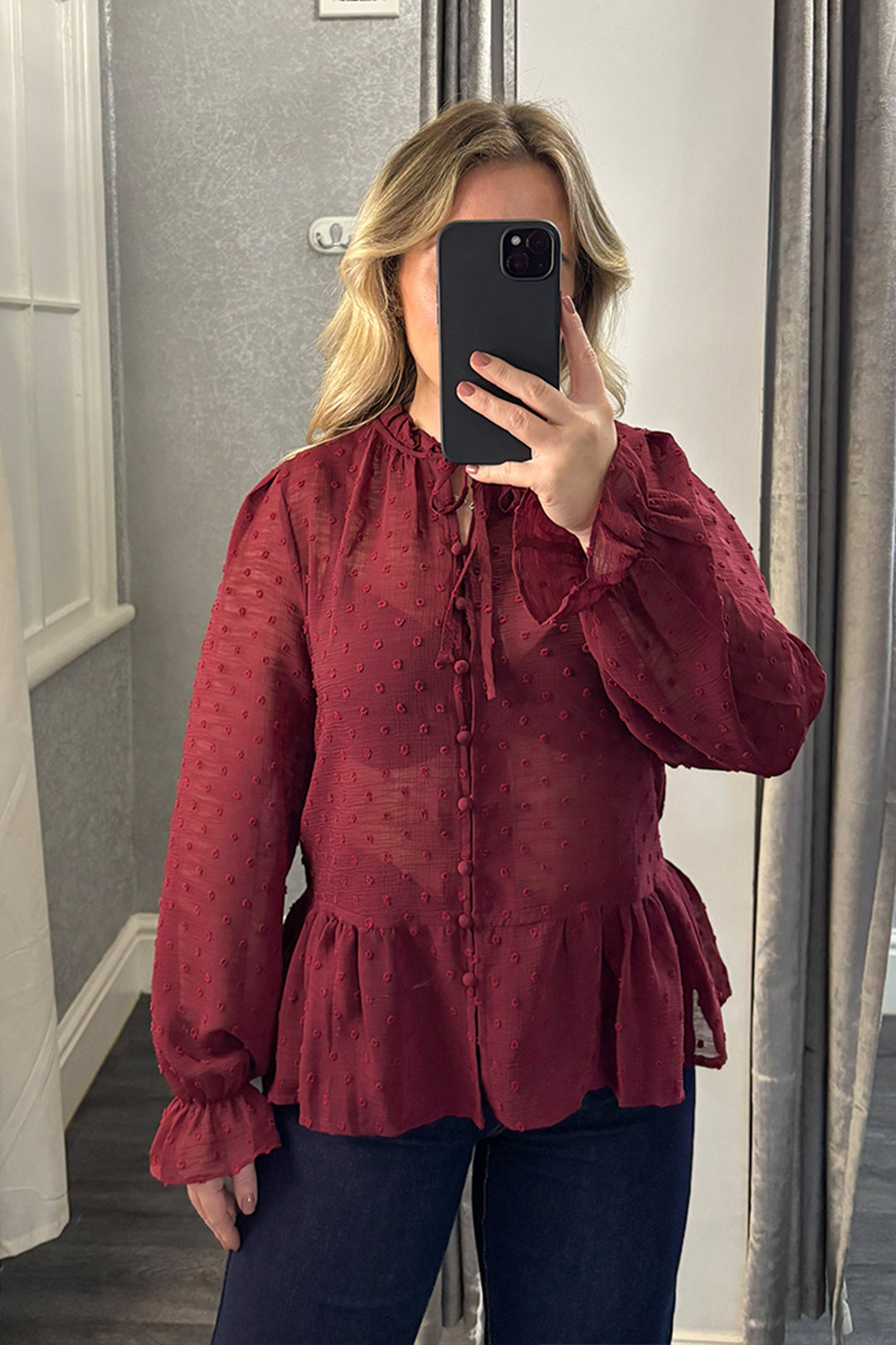 Burgundy Polka Dot Sheer Frill Blouse