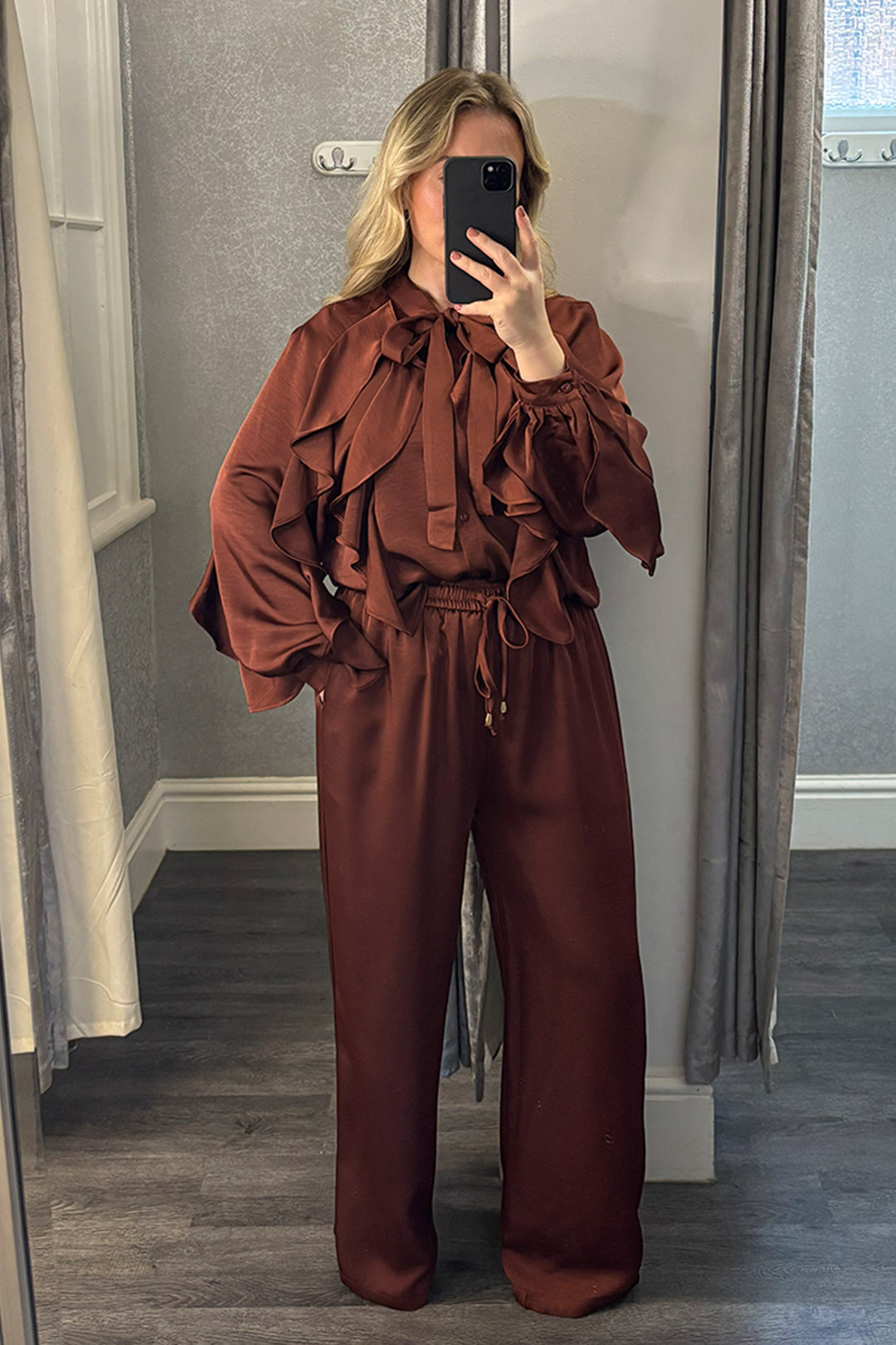 Rust Satin Frill Top & Wide Leg Trousers Co-ord