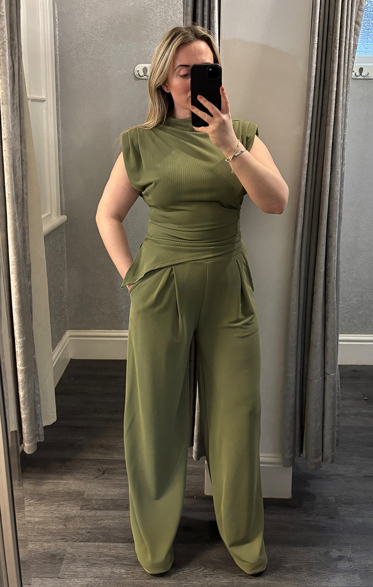 Khaki Asymmetric Ruched Top & Wide Leg Trousers being worn