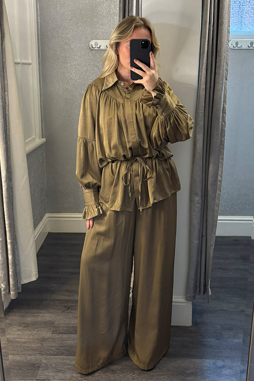 Olive Satin Belted Top & Wide Leg Trousers