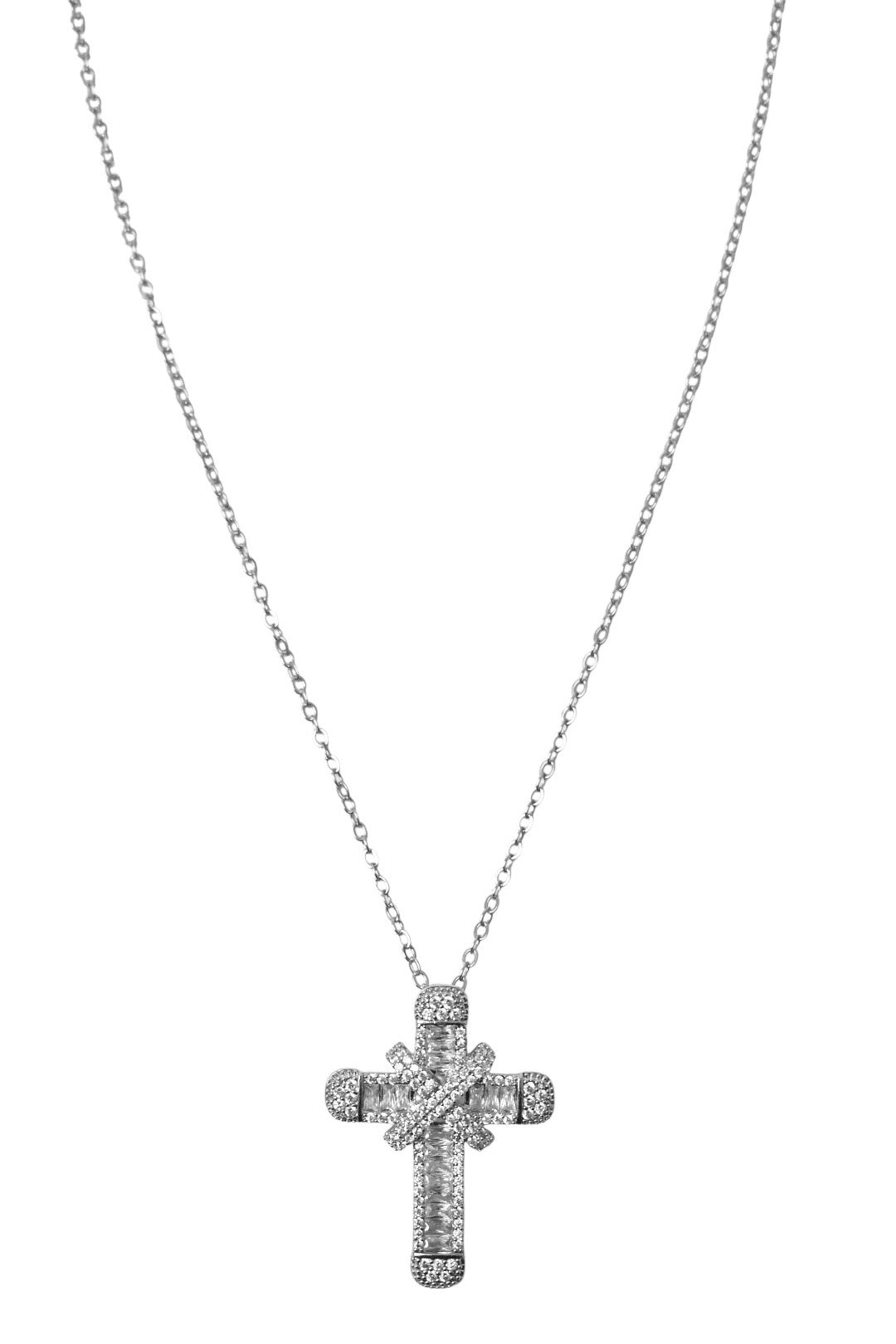 Silver Crystal Cross Necklace Close