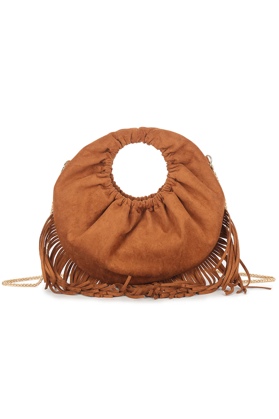 Tan Suede Fringed Hoop Handle Bag