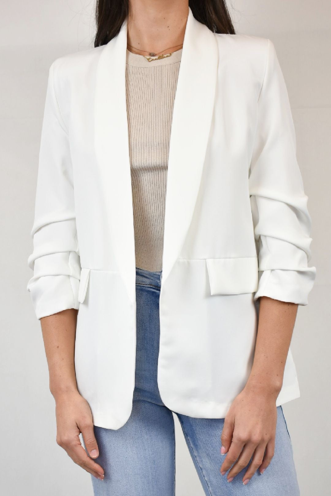 White Ruched Sleeve Blazer Model