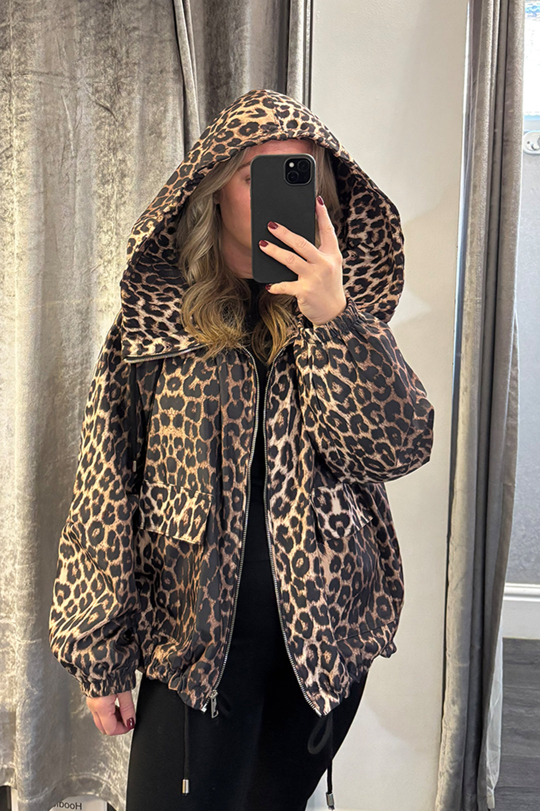 Womens Animal Print Dipped Hem Hooded Coat