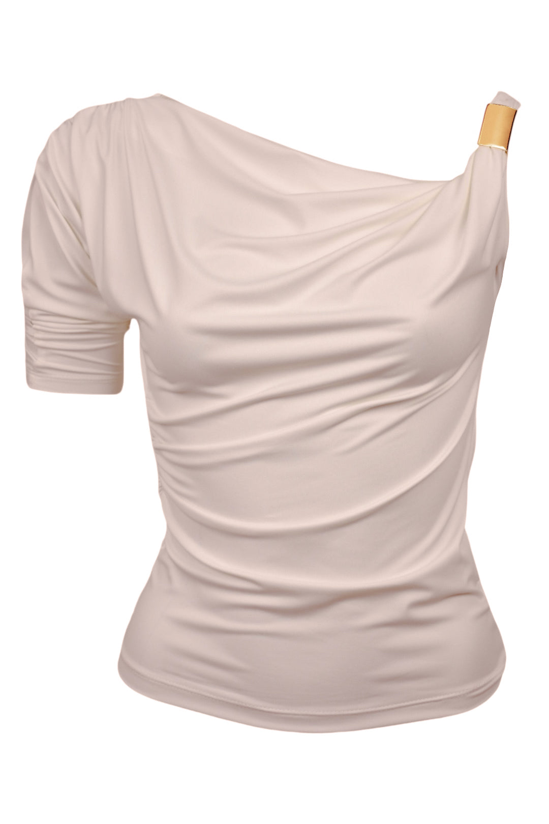 Womens Beige Gold Buckle One Sleeve Top
