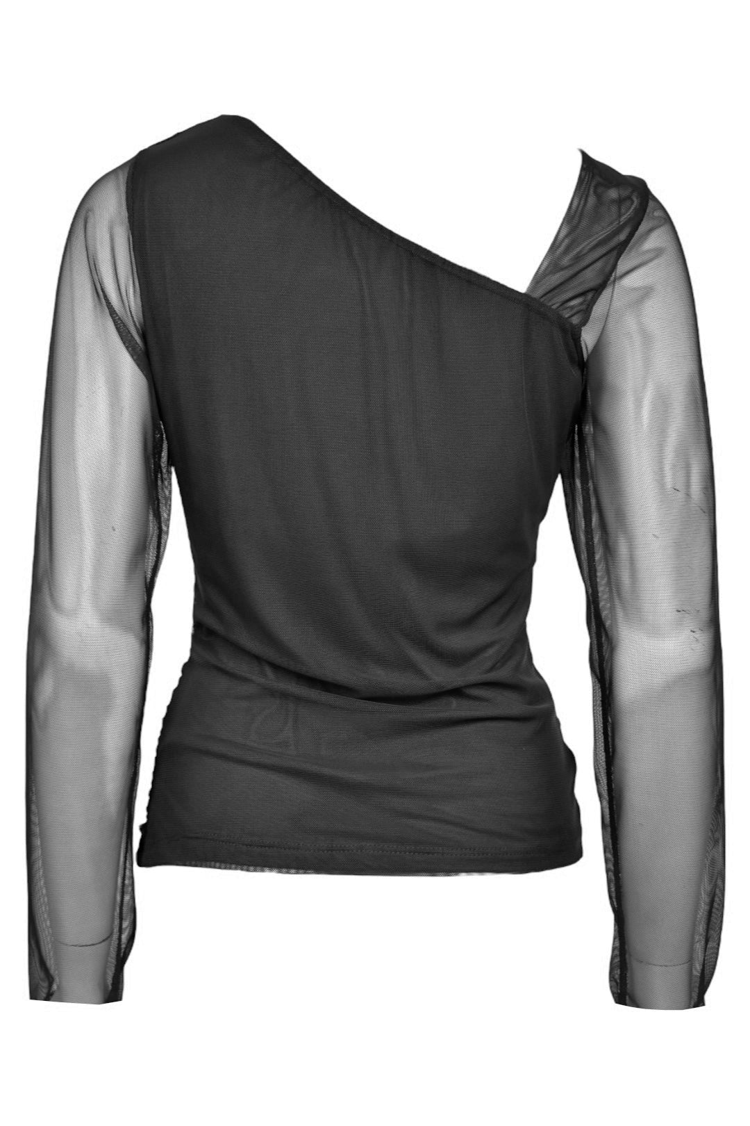 Womens Black Asymmetric Neck Ruched Sheer Top