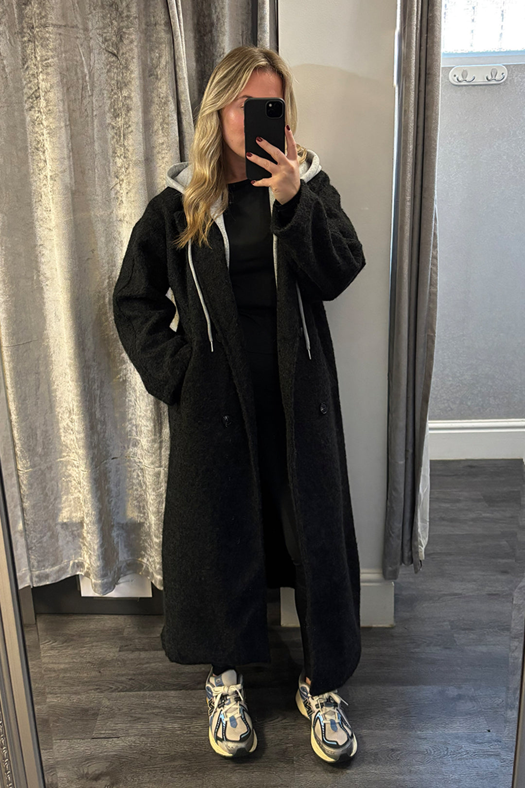 Womens Black Hooded Woollen Duster Coat 2