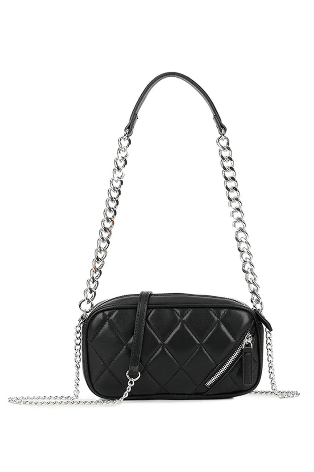 Black Quilted Zipped Silver Chain Bag