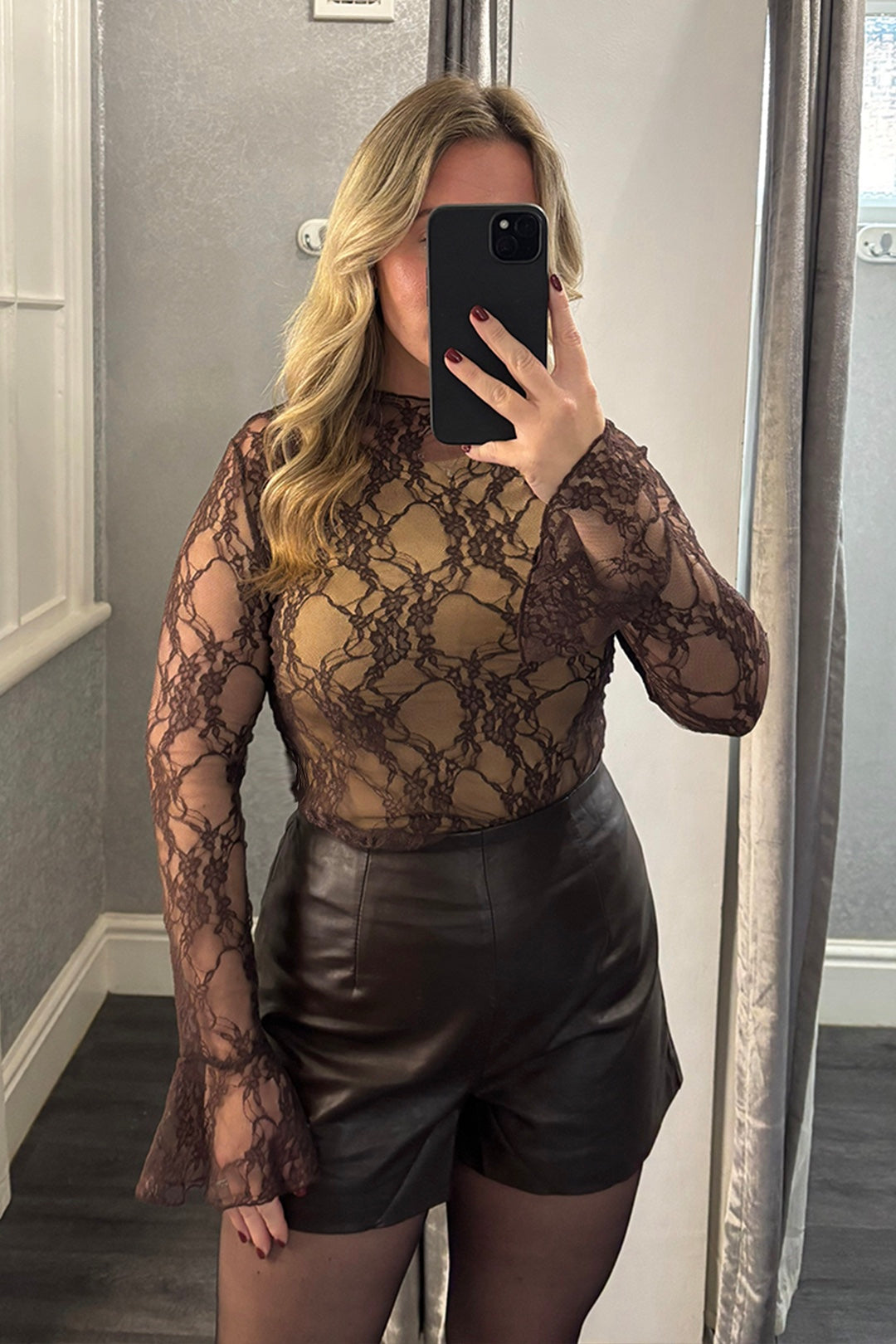 Womens Brown Floral Lace Flared Sleeved Top