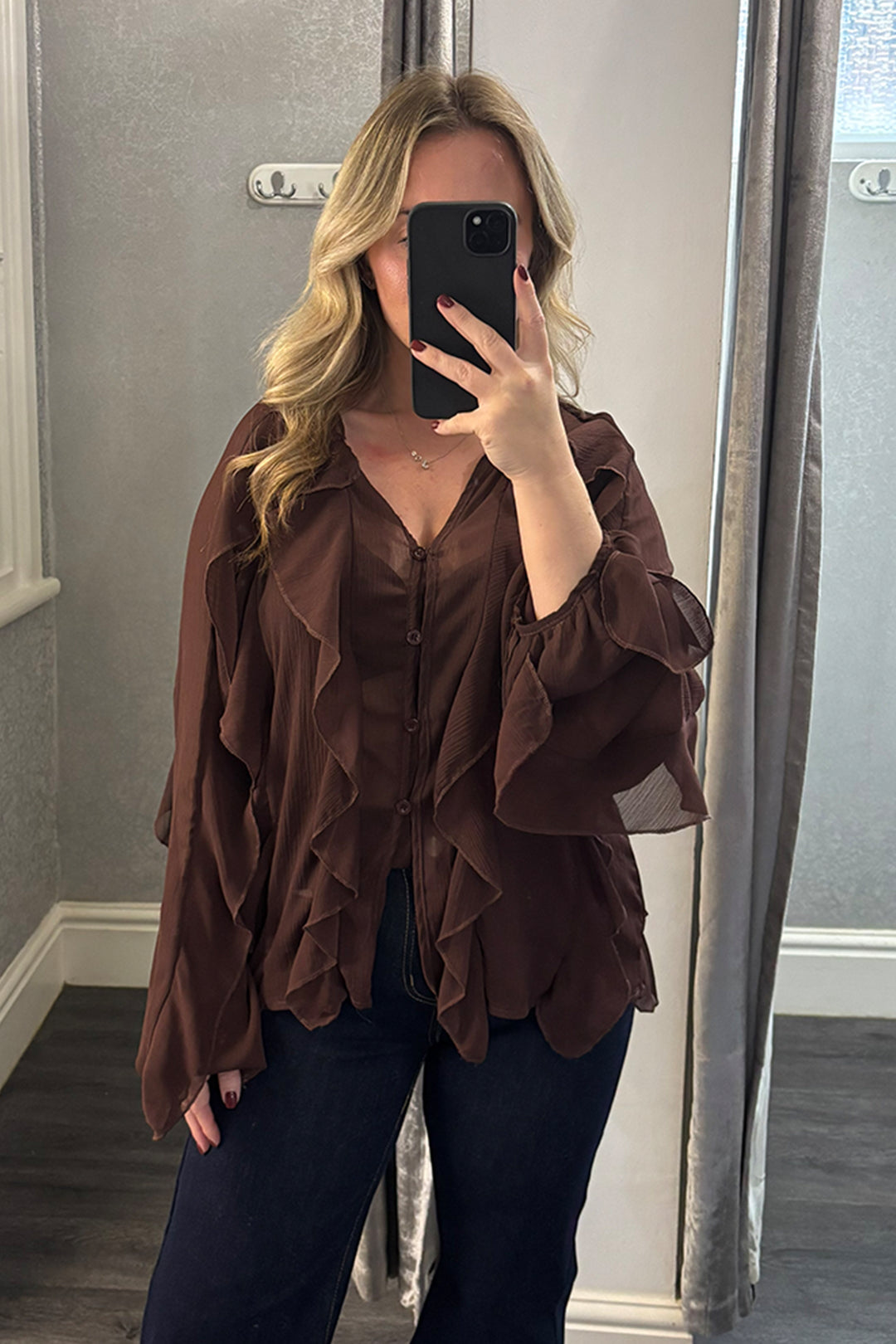 Brown Ruffled Sheer Blouse