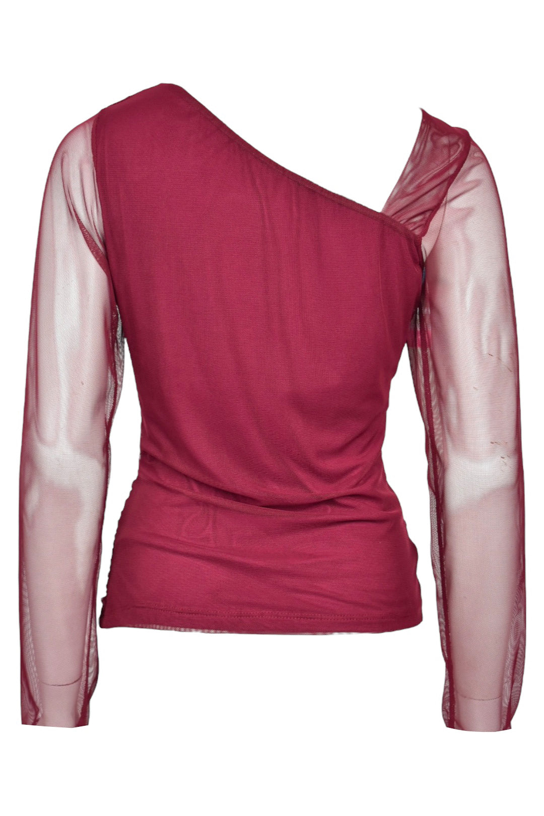 Burgundy Asymmetric Neck Ruched Sheer Top