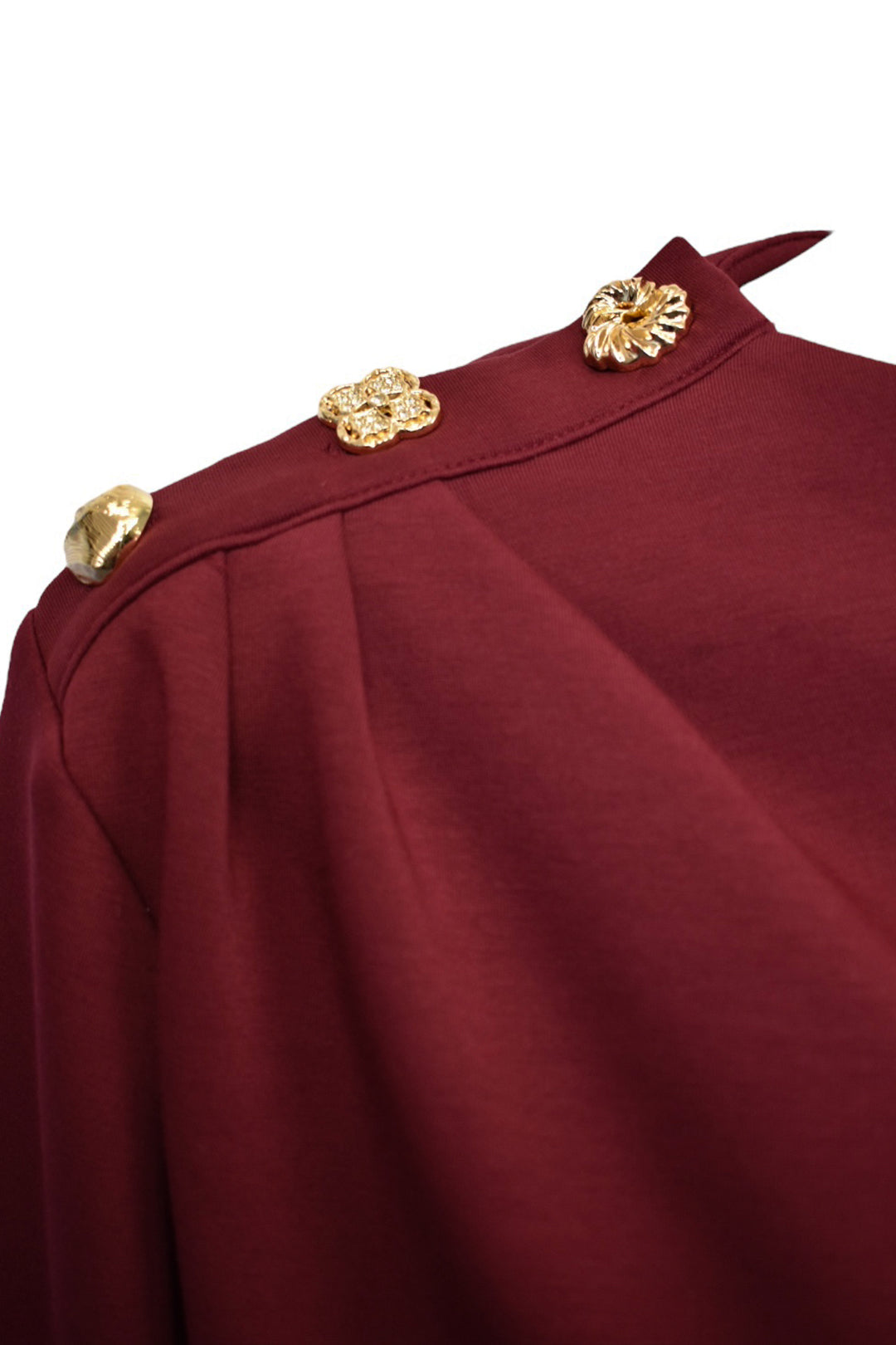 Burgundy Gold Button Gathered Shoulder Sweatshirt