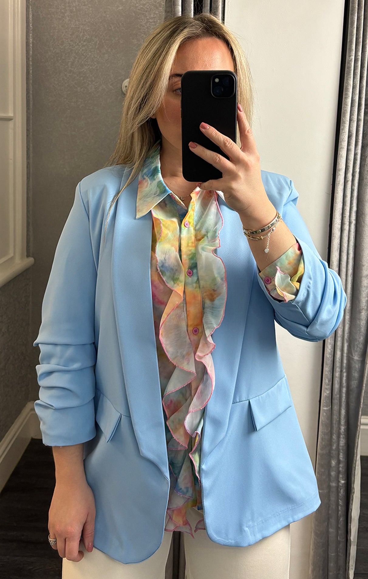 Womens_Light_Blue_Ruched_Sleeve_Blazer Model