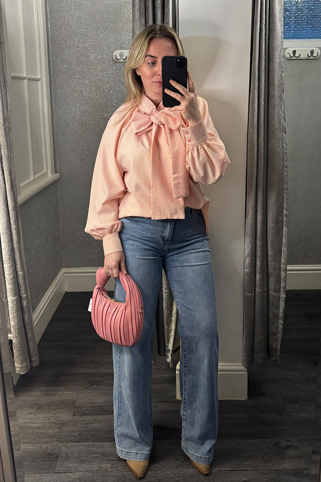 Womens Pink Striped Tie Bow Blouse