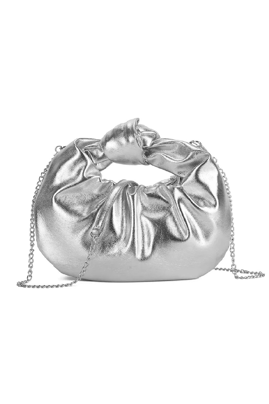 Womens Silver Ruched Knot Grab Bag
