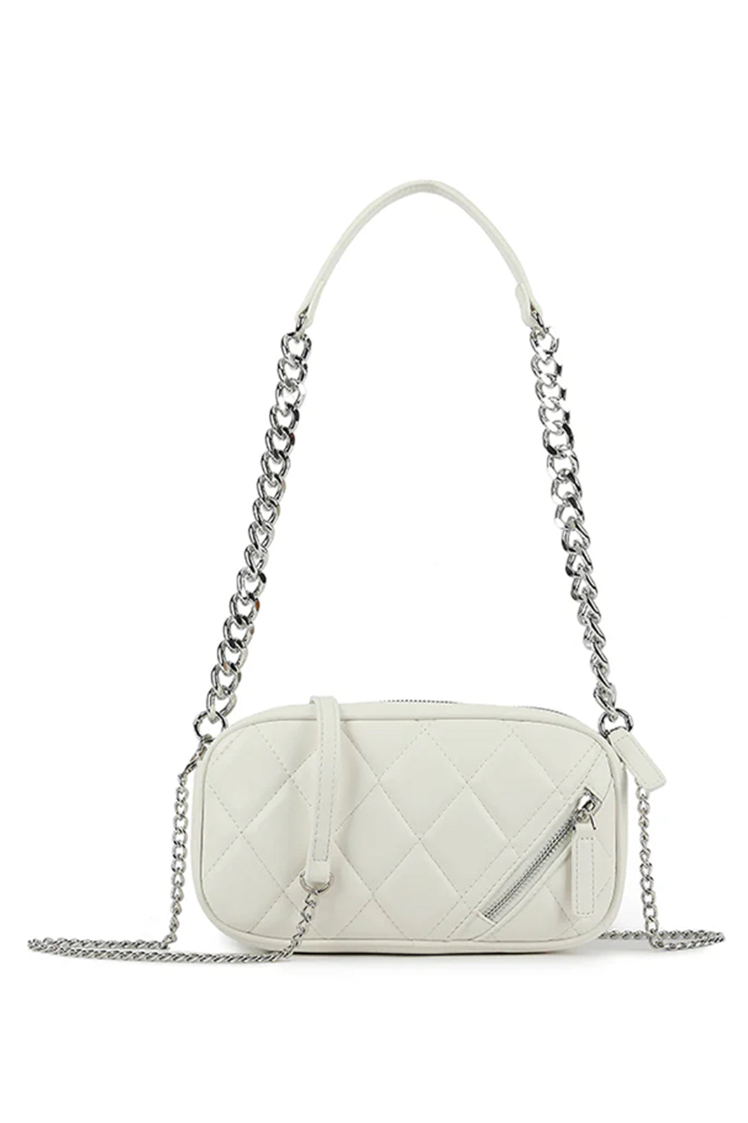 Womens White Quilted Zipped Silver Chain Bag