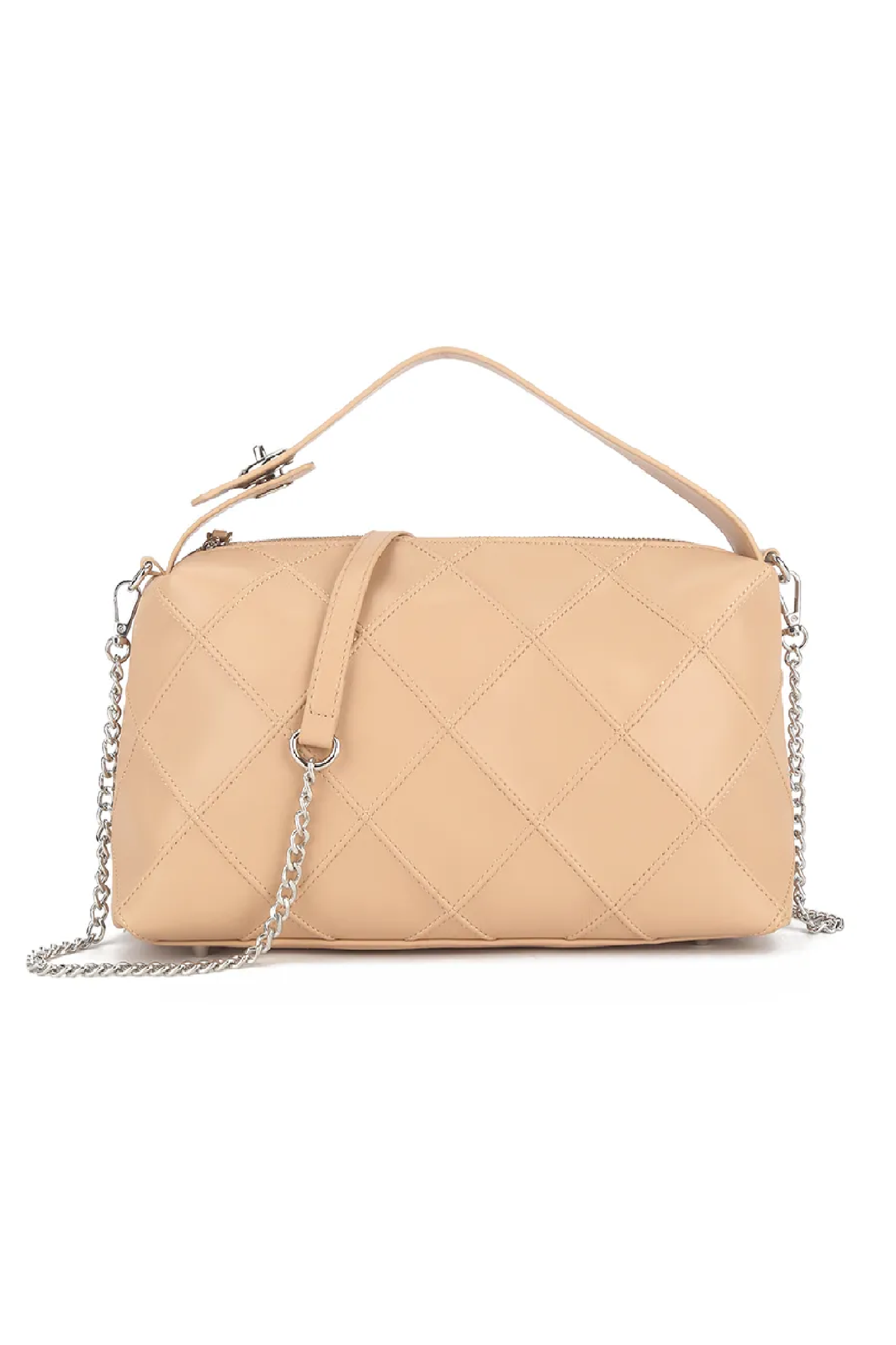 A beige lattice bowling bag with a grab handle and a detachable cross body strap, with silver hardware accents.