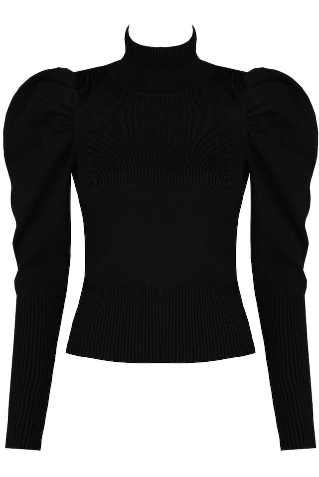 Black Roll Neck Puff Sleeve Jumper