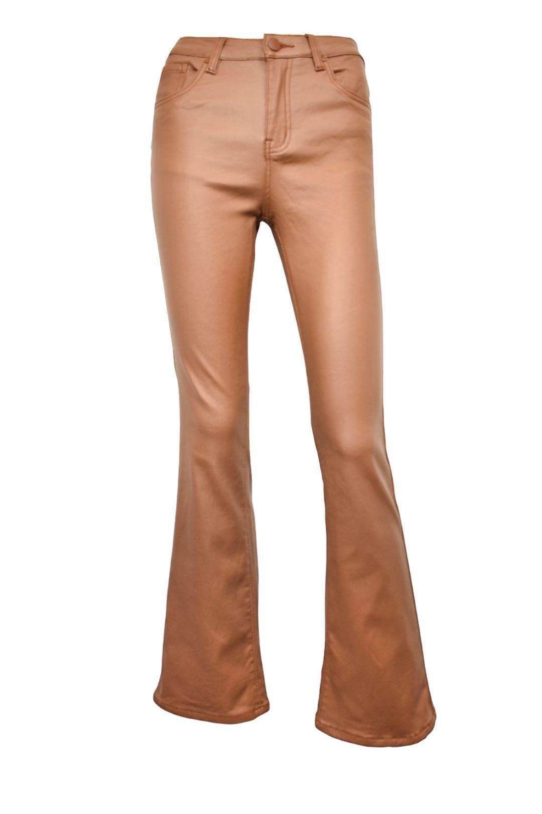 Womens Camel Faux Leather Flared Jeans