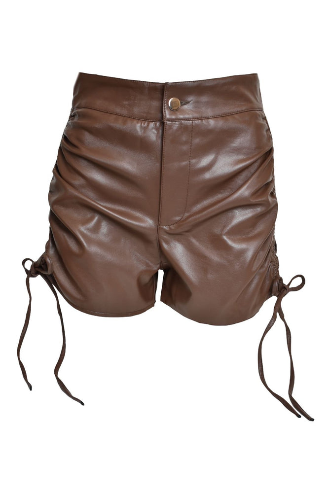 Brown Faux Leather Ruched Side Shorts