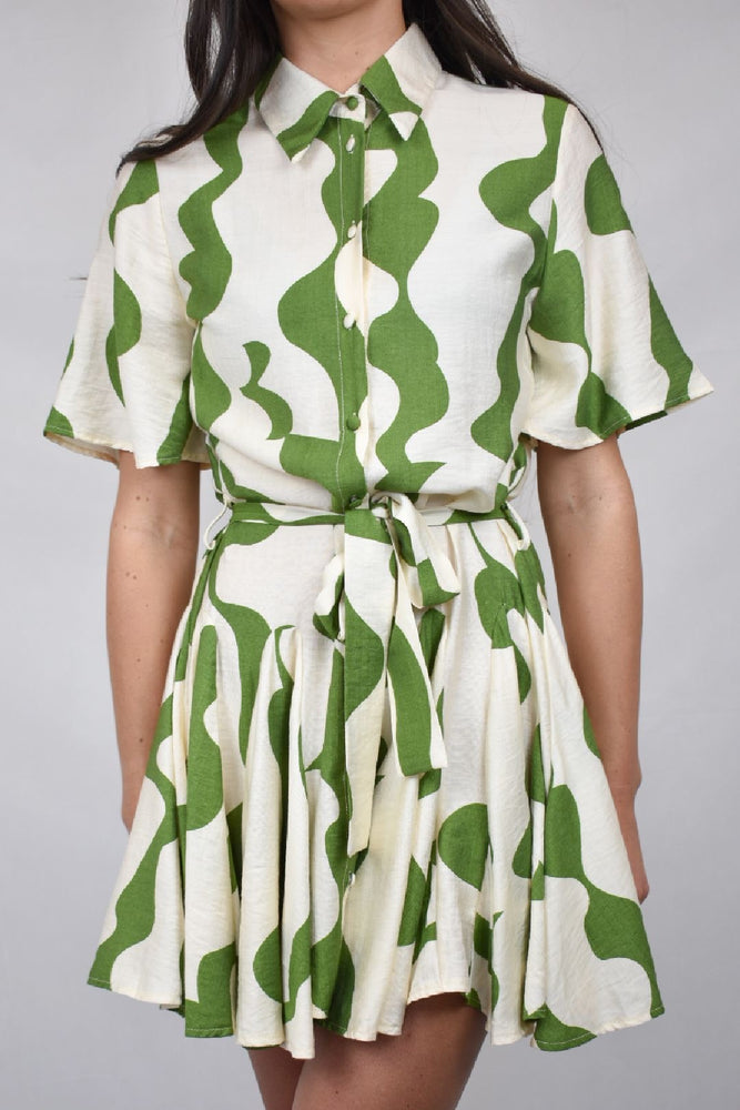 Cream & Green Pattern Belted Flared Dress