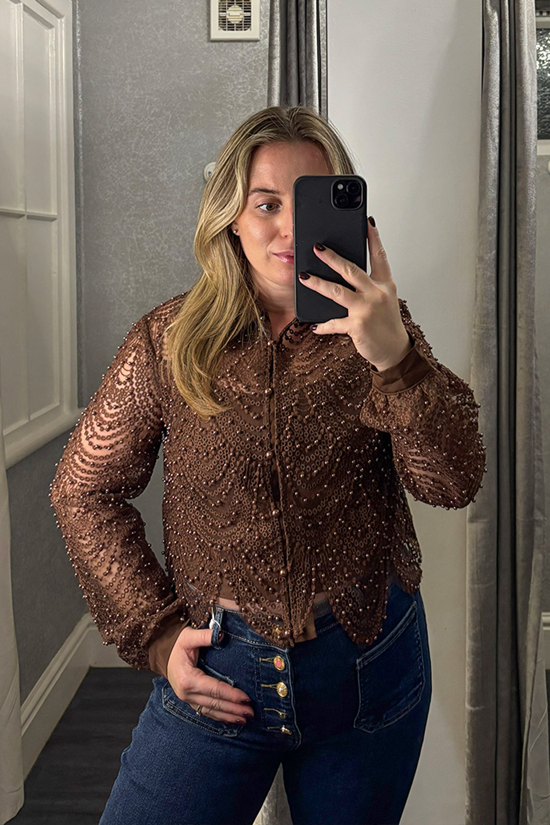 Brown Lace & Pearl Scalloped Shirt