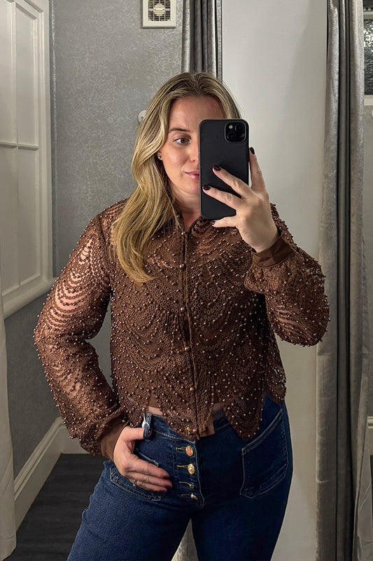 Brown Lace & Pearl Scalloped Shirt