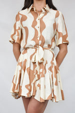 Cream & Caramel Pattern Belted Flared Dress