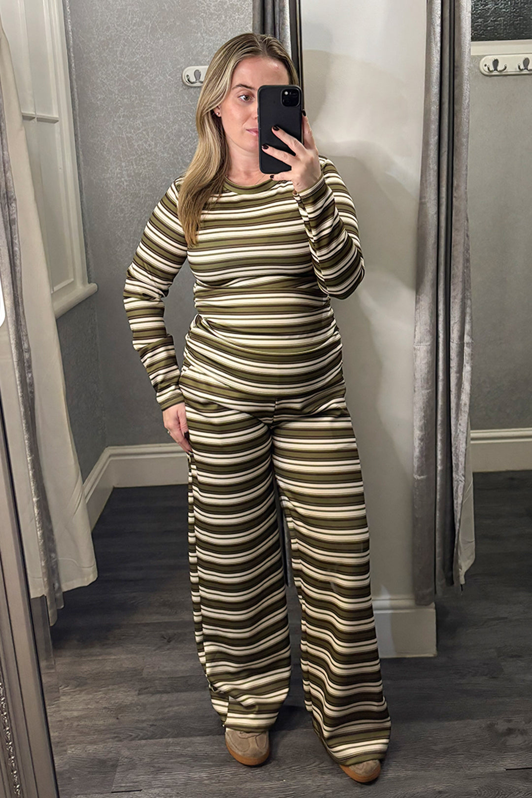 Olive Green Striped Ruched Side Loungesuit